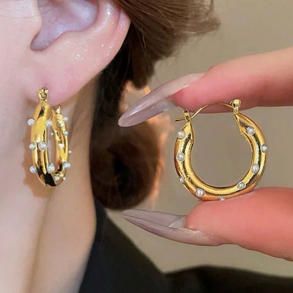 Elegant Gold Faux Pearl Hoop Earrings